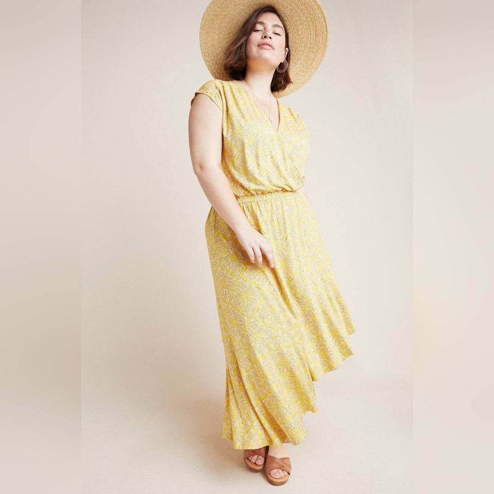 Anthropologie Long Maeve Print Fete Midi Dress Large Yellow summer Spring Dinner